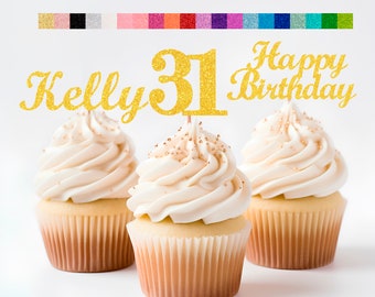 31st Birthday Decorations Personalized Birthday Cupcake Toppers Custom Age, Name & Happy Birthday Sign - Party Decorations for Kids Adults