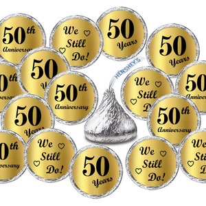 Gold Foil 50th Wedding Anniversary Kisses Stickers, (Set of 216)  Kisses Party Favors Decor, envelope seals (candy not included)
