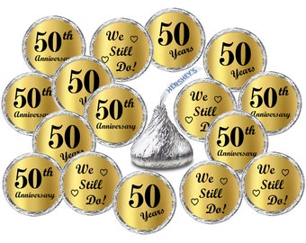 Gold Foil 50th Wedding Anniversary Kisses Stickers, (Set of 216)  Kisses Party Favors Decor, envelope seals (candy not included)