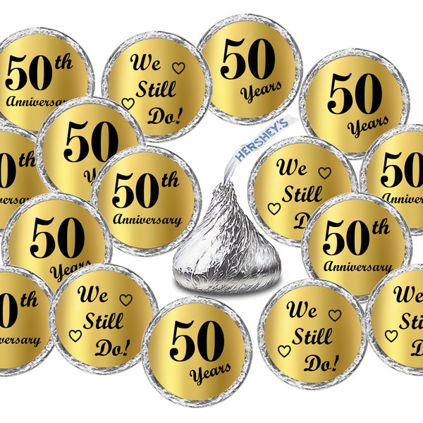 Gold Foil 50th Wedding Anniversary Kisses Stickers, (Set of 216)  Kisses Party Favors Decor, envelope seals (candy not included)