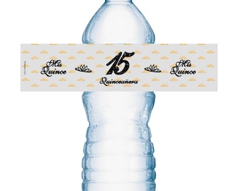 Quinceañera Water Bottle Labels (SET OF 20) Mis Quince Waterproof Water Bottle Wrappers (Black) 15th Birthday Party Decorations Party Favors