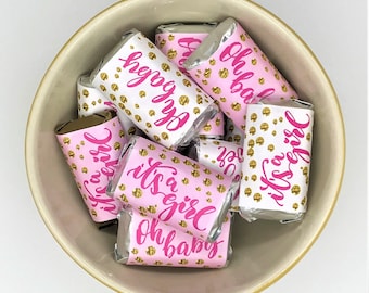 60 Oh Baby Oh Girl  Its a Girl Pink Baby Shower Miniatures Candy Bar Wrapper, Baby Shower Miniatures Candy Bar Stickers (CANDY NOT INCLUDED)
