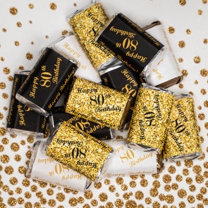 Any Age 80th Birthday Party labels for Miniatures Candy Bar  (Set of 60) Adult 80th birthday Gold Glitter Black Theme Candy Not Included