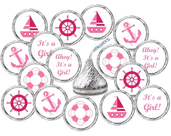 324 Nautical Pink Its a Girl Baby Shower Party Favors , Stickers Labels for Kisses Anchor sailboat wheel (CANDY NOT INCLUDED)
