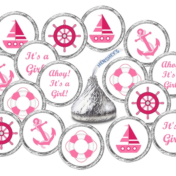 324 Nautical Pink Its a Girl Baby Shower Party Favors , Stickers Labels for Kisses Anchor sailboat wheel (CANDY NOT INCLUDED)