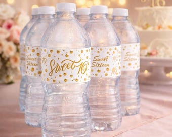 Sweet 16 Water Bottle Labels, (SET of 25 Glossy Waterproof 16th Birthday Party Decorations 16th Birthday Favors