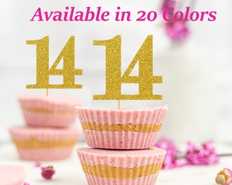 14th Birthday Cupcake Toppers | Glitter Number 14 Decorations | 14th Party Decor | Age 14 Milestone | Party Favors Birthday Party Supplies