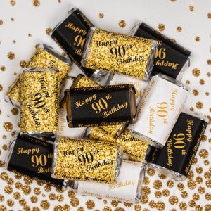 Cadeaux pour 90e anniversaire | Lot de 60 stickers brillants | d'emballages miniatures pour barres chocolatées | 90 ans | Numéro 90 | BONBONS NON INCLUS