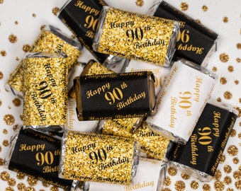 90th Birthday Party Favors | Set of 60 Glossy Stickers | labels for Miniatures Candy Bar Wrappers | Age 90 | Number 90 | CANDY NOT INCLUDED