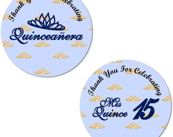 SET OF 40 Quinceanera Stickers 2 Inch Big Round Glossy Labels (Blue)