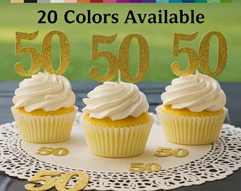50th Birthday Cupcake Toppers | Glitter Number 50 Decorations | 50th Party Decor | Age 50 Milestone | Party Favors Birthday Party Supplies