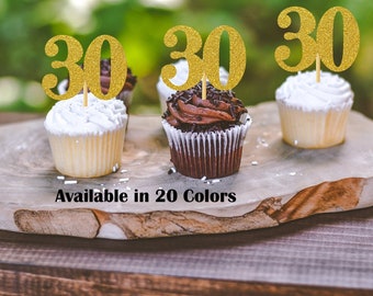 30th Birthday Cupcake Toppers | Glitter Number 30 Decorations | 30th Party Decor | Age 30 Milestone | Party Favors Birthday Party Supplies