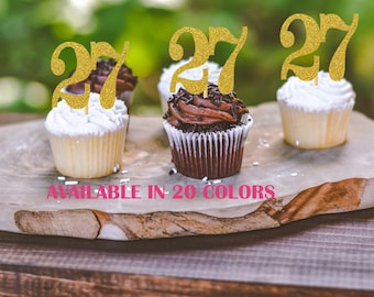 27th Birthday Cupcake Toppers | Glitter Number 27 Decorations | 27th Party Decor | Age 27 Milestone | Party Favors Birthday Party Supplies