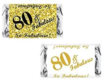80 and Fabulous | Set of 60 Glossy Stickers | 80th Birthday Labels for Miniature Candy Bar Wrapper | Age 80 Number 80 | CANDY NOT INCLUDED