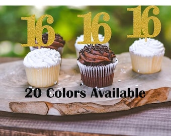 16th Birthday Cupcake Toppers | Glitter Number 16 Decorations | 16th Party Decor | Age 16 Milestone | Party Favors Birthday Party Supplies