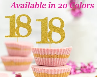 18th Birthday Cupcake Toppers | Glitter Number 18 Decorations | 18th Party Decor | Age 18 Milestone | Party Favors Birthday Party Supplies