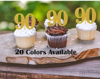 90th Birthday Cupcake Toppers | Glitter Number 90 Decorations | 90th Party Decor | Age 90 Milestone | Party Favors Birthday Party Supplies