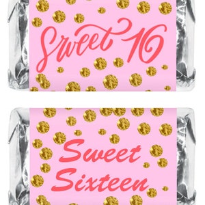 Pink 16th Birthday Miniatures Candy Bar Wrapper (Set of 60), Sweet 16 Mini Candy Bar Stickers, Sweet Sixteen Party Favors Candy Not Included