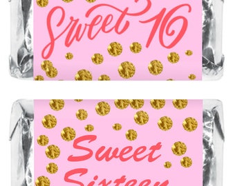 Pink 16th Birthday Miniatures Candy Bar Wrapper (Set of 60), Sweet 16 Mini Candy Bar Stickers, Sweet Sixteen Party Favors Candy Not Included