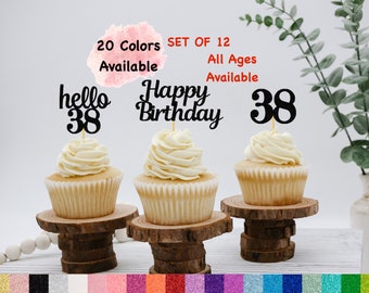 38th Birthday Cupcake Toppers | Hello 38 Theme | Number 38 | Happy Birthday Sign | Glitter Birthday Decorations | Age Toppers Party Decor