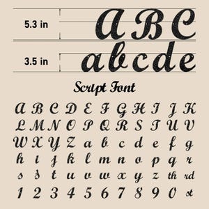 May include: A black glitter script font alphabet display featuring uppercase and lowercase letters, numbers 0-9, and suffixes. The image shows two size examples with measurements of 5.3 inches and 3.5 inches, labeled with the text Script Font.