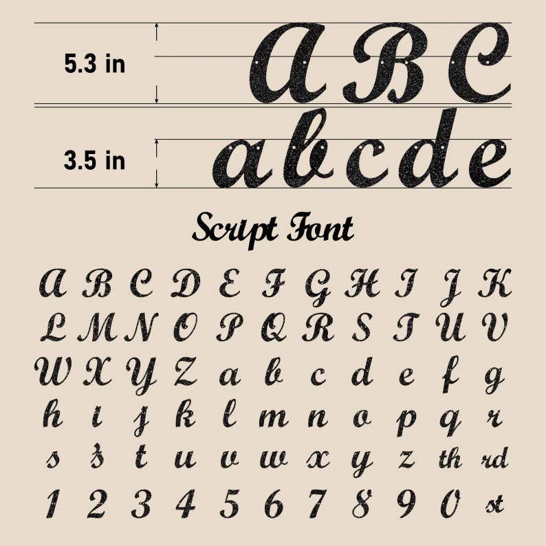 May include: A black glitter script font alphabet display featuring uppercase and lowercase letters, numbers 0-9, and suffixes. The image shows two size examples with measurements of 5.3 inches and 3.5 inches, labeled with the text Script Font.