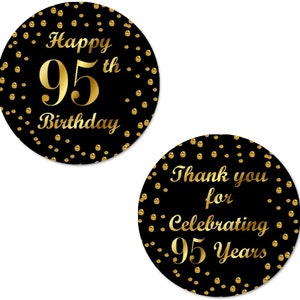 95th Birthday 95th Happy Birthday Stickers, 2 Inch Big Round Glossy Labels Made in USA (Black and Gold Label) SET OF 40