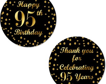95th Birthday 95th Happy Birthday Stickers, 2 Inch Big Round Glossy Labels Made in USA (Black and Gold Label) SET OF 40