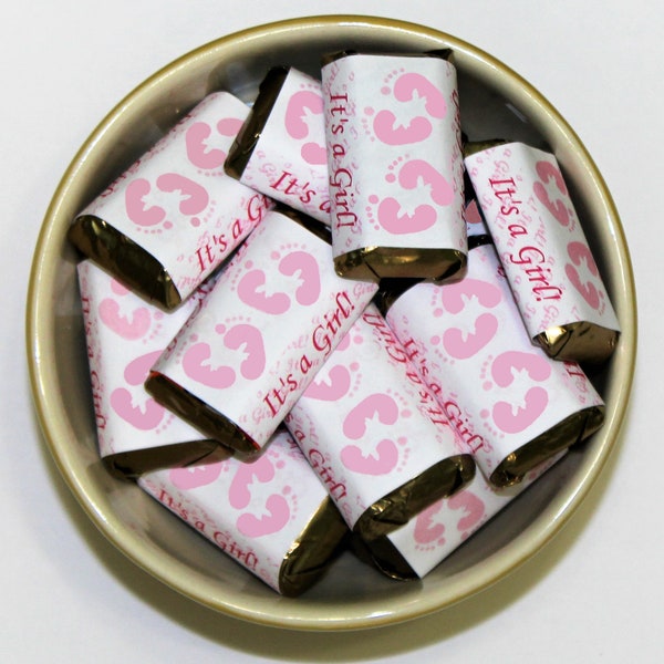 60 Pink Footprints Baby Shower Miniatures Candy Bar Wrapper, Baby Shower Miniatures Candy Bar Stickers (candy not included)