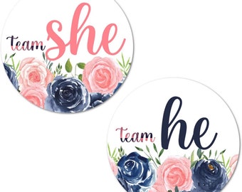 40pc Team She Team He Gender Reveal Stickers 2 Inch Big Round Glossy Labels Navy and Blush Theme  Stickers  Gender Sprinkle Party Favors