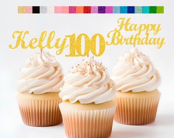 100th Birthday Decorations Personalized Birthday Cupcake Toppers Custom Age, Name & Happy Birthday Sign - Party Decorations for Kids Adults
