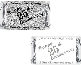 25th Anniversary Miniatures Candy Bar Wrapper, (Set of 60) Mini Candy Chocolate Bar Stickers; Silver and White, Candy Not Included