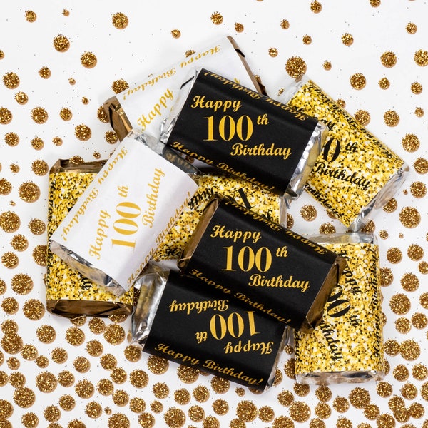 100th Birthday Party labels for  Miniatures Candy Bar Wrapper, (Set of 60)  Adult 100th birthday Gold Glitter Black Theme Candy Not Included
