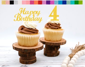 4th Birthday Cupcake Toppers | Number 4 Party Picks | 4th Party Supplies | Age 4 Toppers Party Decor Glitter Happy Birthday Decorations