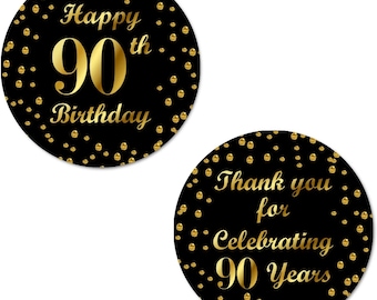 90th Happy Birthday Stickers, 2 Inch Big Round Glossy Labels  (Black and Gold Label)