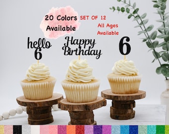 6th Birthday Cupcake Toppers | Hello 6 Theme | Number 6 | Happy Birthday Sign | Glitter Birthday Decorations | Age Toppers Party Decor