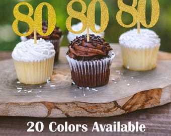 80th Birthday Cupcake Toppers | Glitter Number 80 Decorations | 80th Party Decor | Age 80 Milestone | Party Favors Birthday Party Supplies