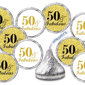 Any Age 50 and Fabulous Birthday Kisses Stickers (Set of 216) 50th Birthday Labels For  Kisses Party Favors (CANDY NOT INCLUDED)