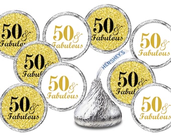 Any Age 50 and Fabulous Birthday Kisses Stickers (Set of 216) 50th Birthday Labels For  Kisses Party Favors (CANDY NOT INCLUDED)