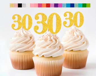 30th Birthday Cupcake Toppers | Glitter Number 30 Decorations | 30th Party Decor | Age 30 Milestone | Party Favors Birthday Party Supplies