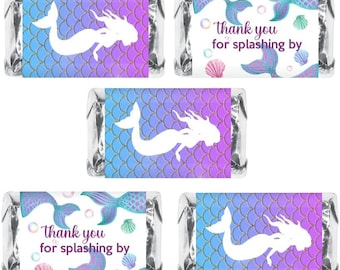 Mermaid Theme Mini Candy Bar Wrapper (SET OF 60) Thank You Themed Miniatures Candy Bar Stickers, Birthday Decorations  (Candy not included)