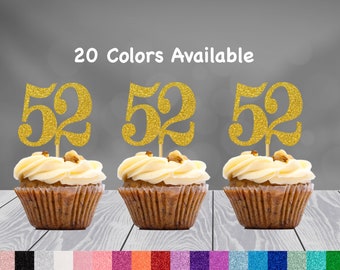 52nd Birthday Cupcake Toppers | Glitter Number 52 Decorations | 52nd Party Decor | Age 52 Milestone | Party Favors Birthday Party Supplies