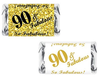 90 and Fabulous | Set of 60 Glossy Stickers | 90th Birthday Labels for Miniature Candy Bar Wrapper | Age 90 Number 90 | CANDY NOT INCLUDED