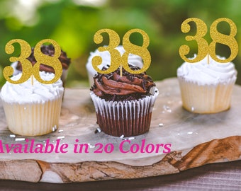 38th Birthday Cupcake Toppers | Glitter Number 38 Decorations | 38th Party Decor | Age 38 Milestone | Party Favors Birthday Party Supplies