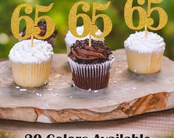 65th Birthday Cupcake Toppers | Glitter Number 65 Decorations | 65th Party Decor | Age 65 Milestone | Party Favors Birthday Party Supplies