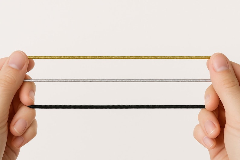 May include: Three thin, flexible elastic cords arranged horizontally. The top cord is metallic gold, the middle cord is metallic silver, and the bottom cord is solid black. Each cord has a smooth, uniform texture and a consistent, narrow diameter.
