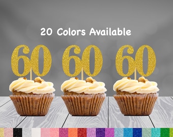 60th Birthday Cupcake Toppers | Glitter Number 60 Decorations | 60th Party Decor | Age 60 Milestone | Party Favors Birthday Party Supplies