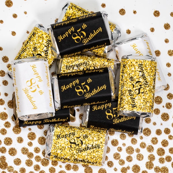 Any Age 85th Birthday Party labels for Miniatures Candy Bar Wrapper (Set of 60)  Adult 85th birthday Gold Black Theme (CANDY NOT INCLUDED)