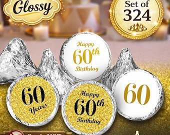 60th Birthday Party Labels Set of 324 Self-Adhesive Glossy Stickers Party Favors Candy Bags (CANDY NOT INCLUDED) Perfect for Kisses Bottoms