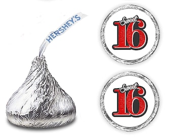 Sweet 16 Kisses Stickers, (Set of 216) RED 16th Birthday Labels Stickers 16th Birthday,  Kisses Party Favors  (Candy NOT INCLUDED)